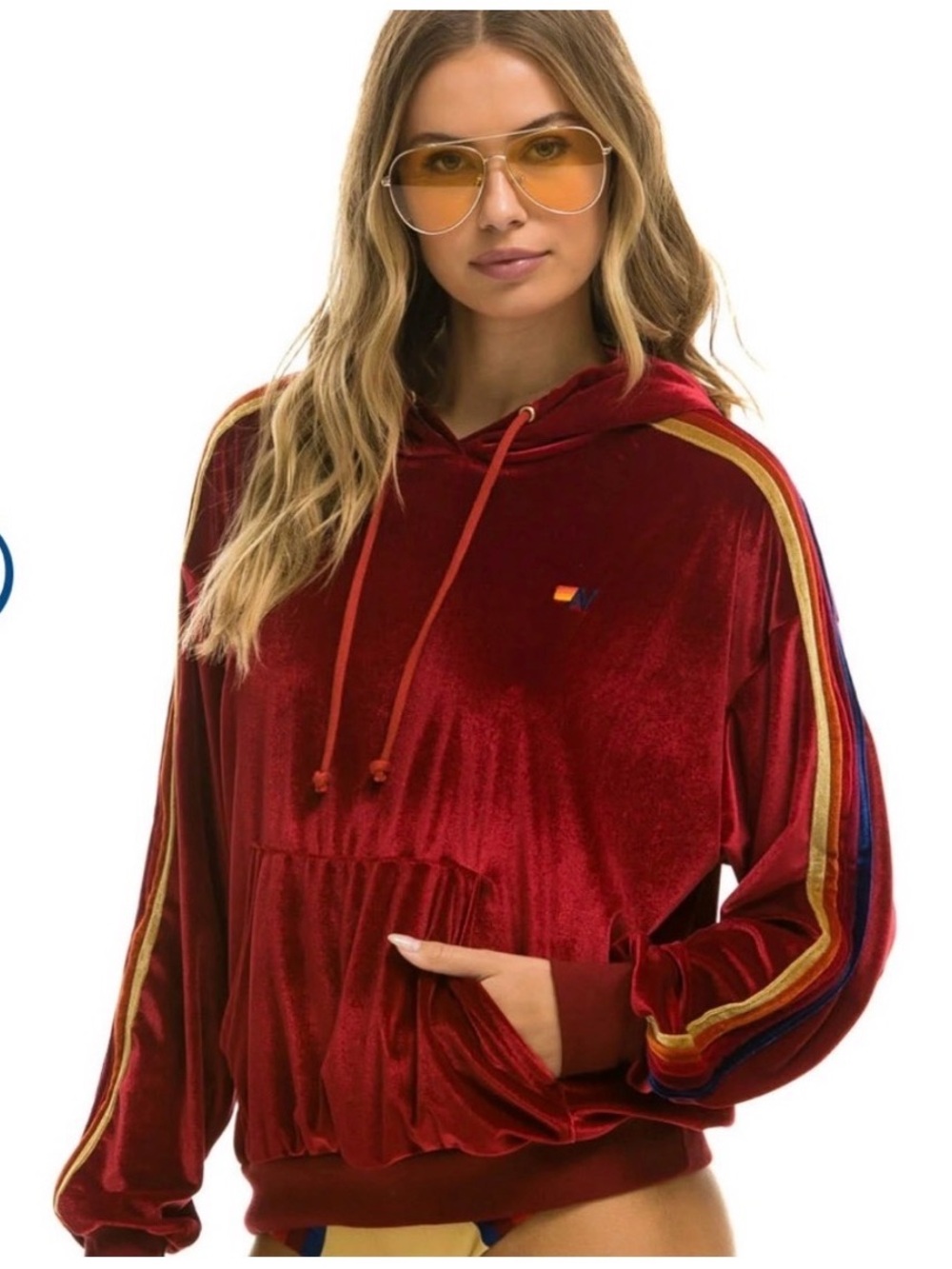 Velvet Maroon Hoodie with Rainbow Stripes